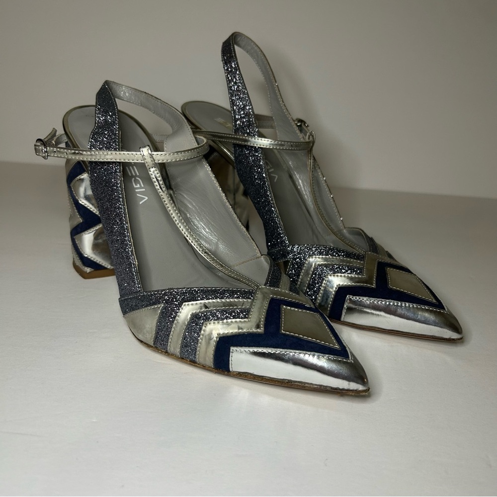 STRATEGIA Silver and Blue Heels